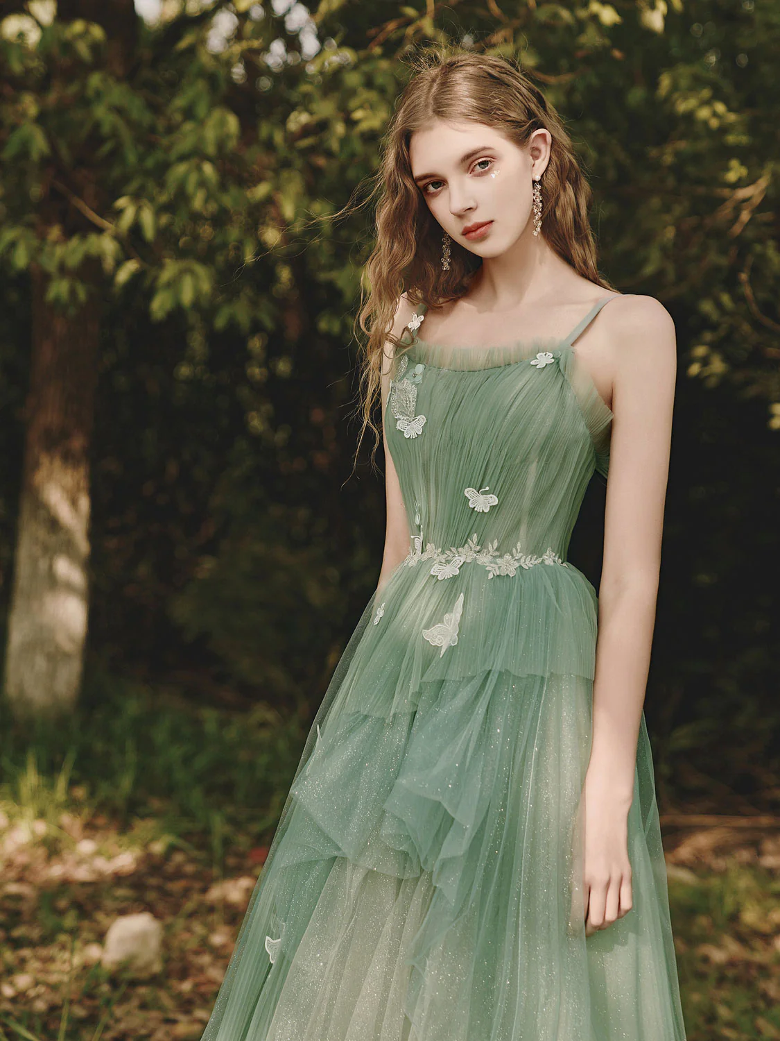 Green Tulle Lace Long Prom Dress, Green A line Formal Party Dress with Applique - Deanwangkt