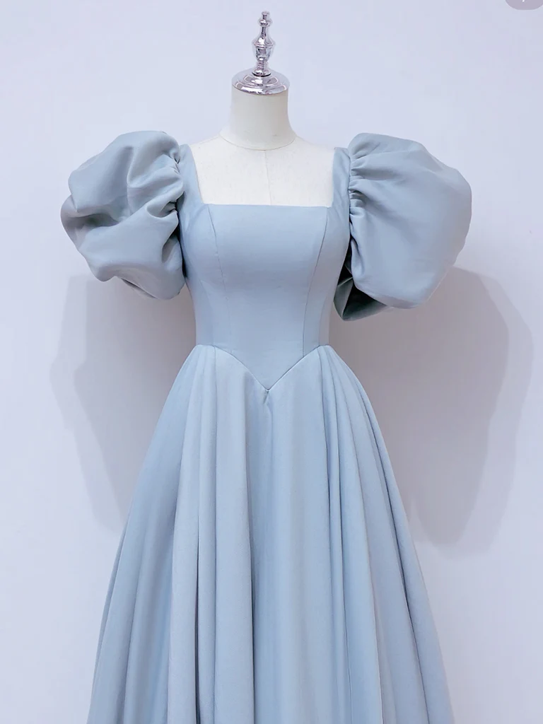 A-Line Puff sleeves Long Blue Prom Dress, Square Neckline Blue Long Formal Dress - Deanwangkt