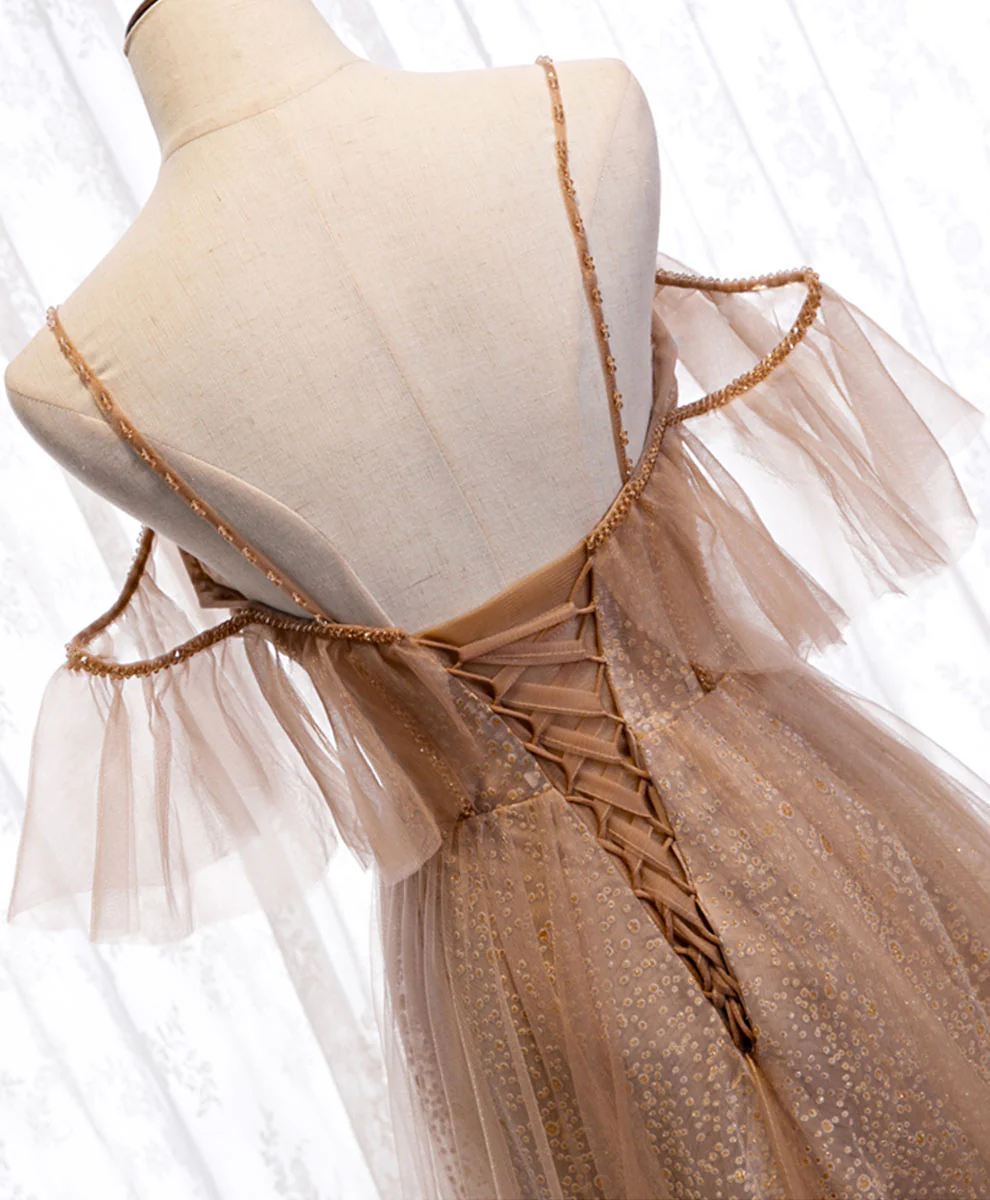 Champagne Tulle Sequin Long Prom Dress Champagne Evening Dress - Deanwangkt