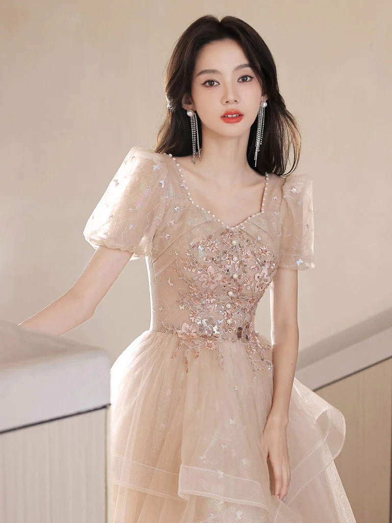 A-Line Champagne Tulle Sequin Long Prom Dress, Champagne Formal Dress - Deanwangkt