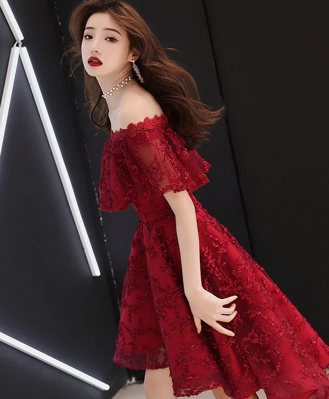 Burgundy Tulle Lace Short Prom Dress Burgundy Homecoming Dress - Deanwangkt
