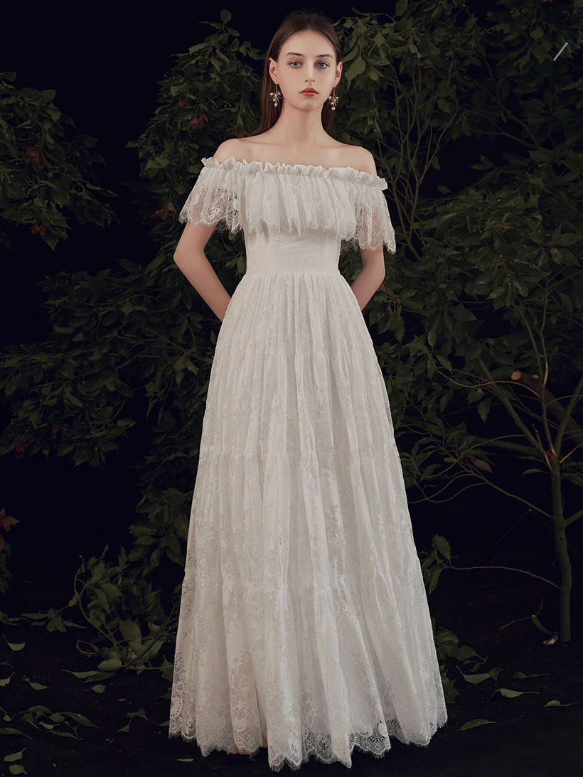 Simple ivory Lace Long Prom Dress, ivory Lace Bridesmaid Dresses - Deanwangkt