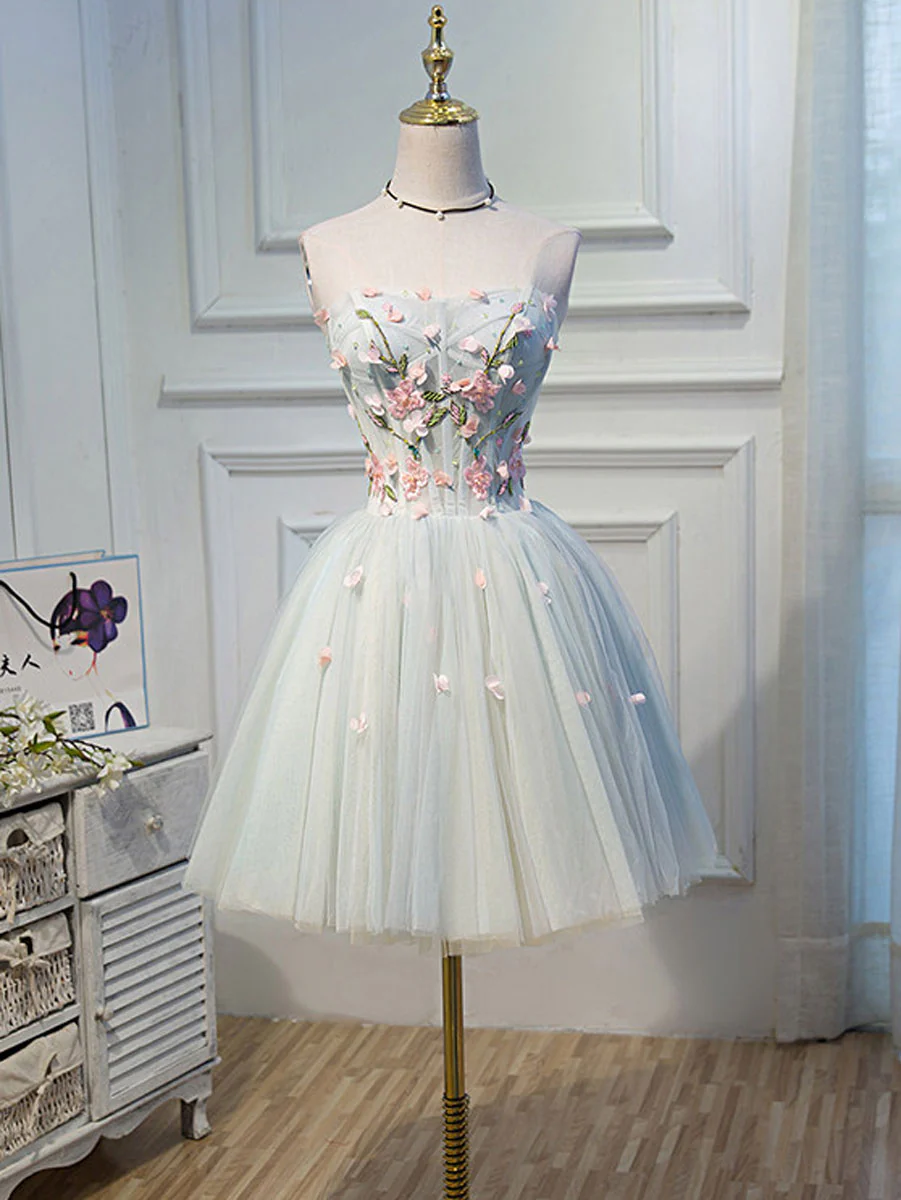 Cute Tulle Short Lace Applique Short Prom Dress, Tulle Puffy Homecoming Dress - Deanwangkt