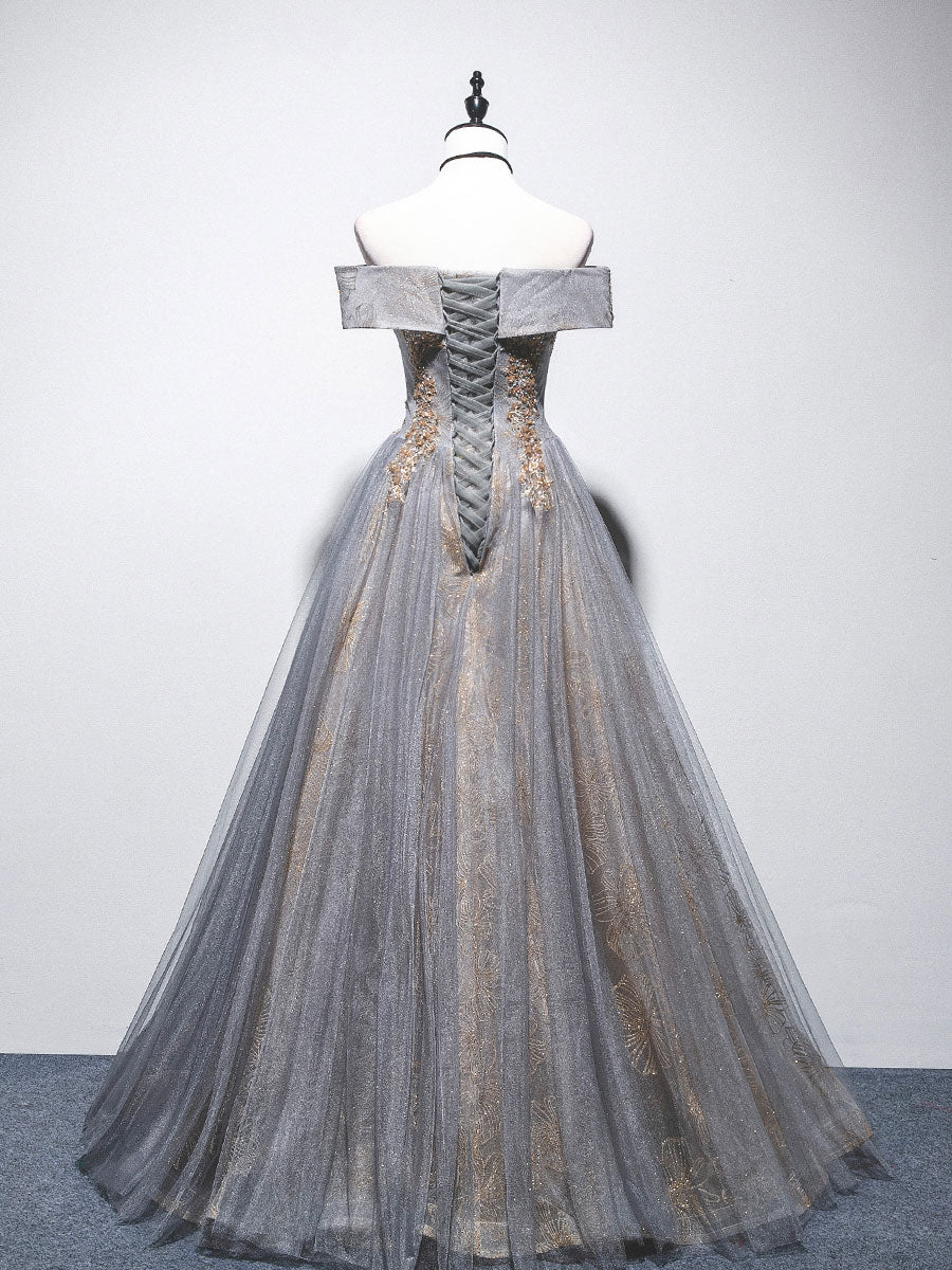 Unique Off Shoulder Tulle Long Gray Prom Dress, A line Tulle Lace Evening Dress - Deanwangkt