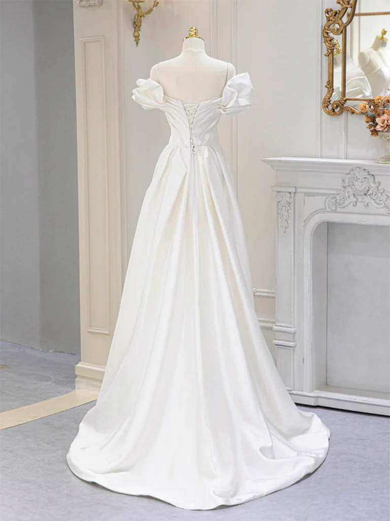 A-Line Off Shoulder Satin ivory Long Prom Dress, Ivory  Long Bridesmaid Dress - Deanwangkt