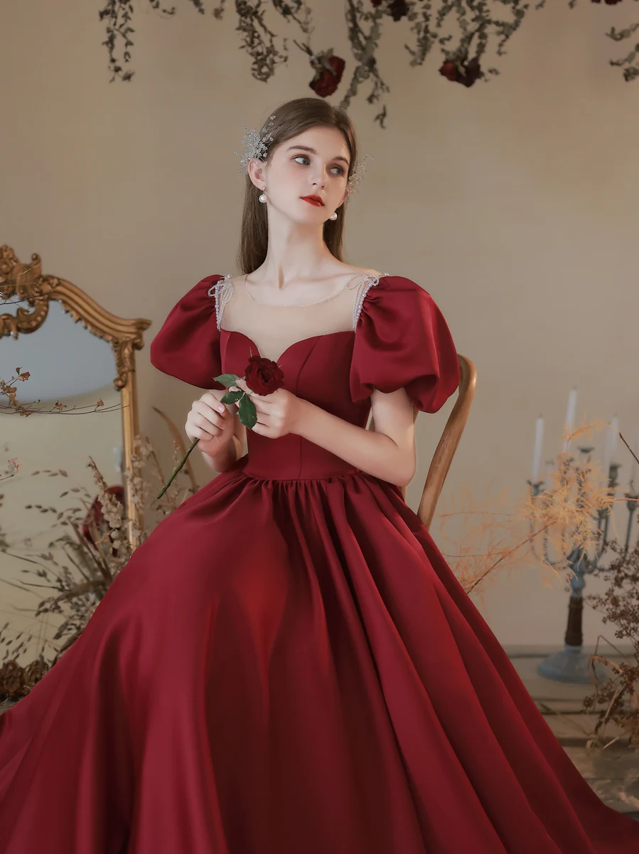 Burgundy A line Satin Long Prom Dress, Burgundy Sweet 16 Dress - Deanwangkt