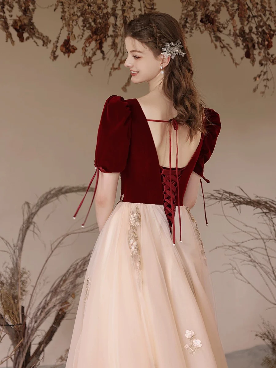 A-Line Velvet Tulle Lace Champagne Long Prom Dress, Champagne Long Formal Dress - Deanwangkt