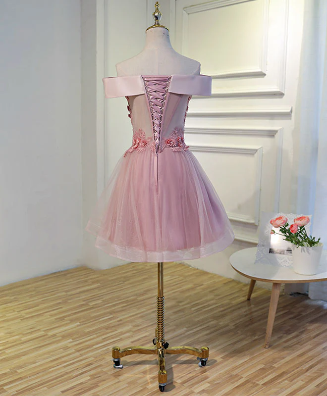 Pink A Line Off Shoulder Knee Length Prom Dress, Lace Homecoming Dresses - Deanwangkt