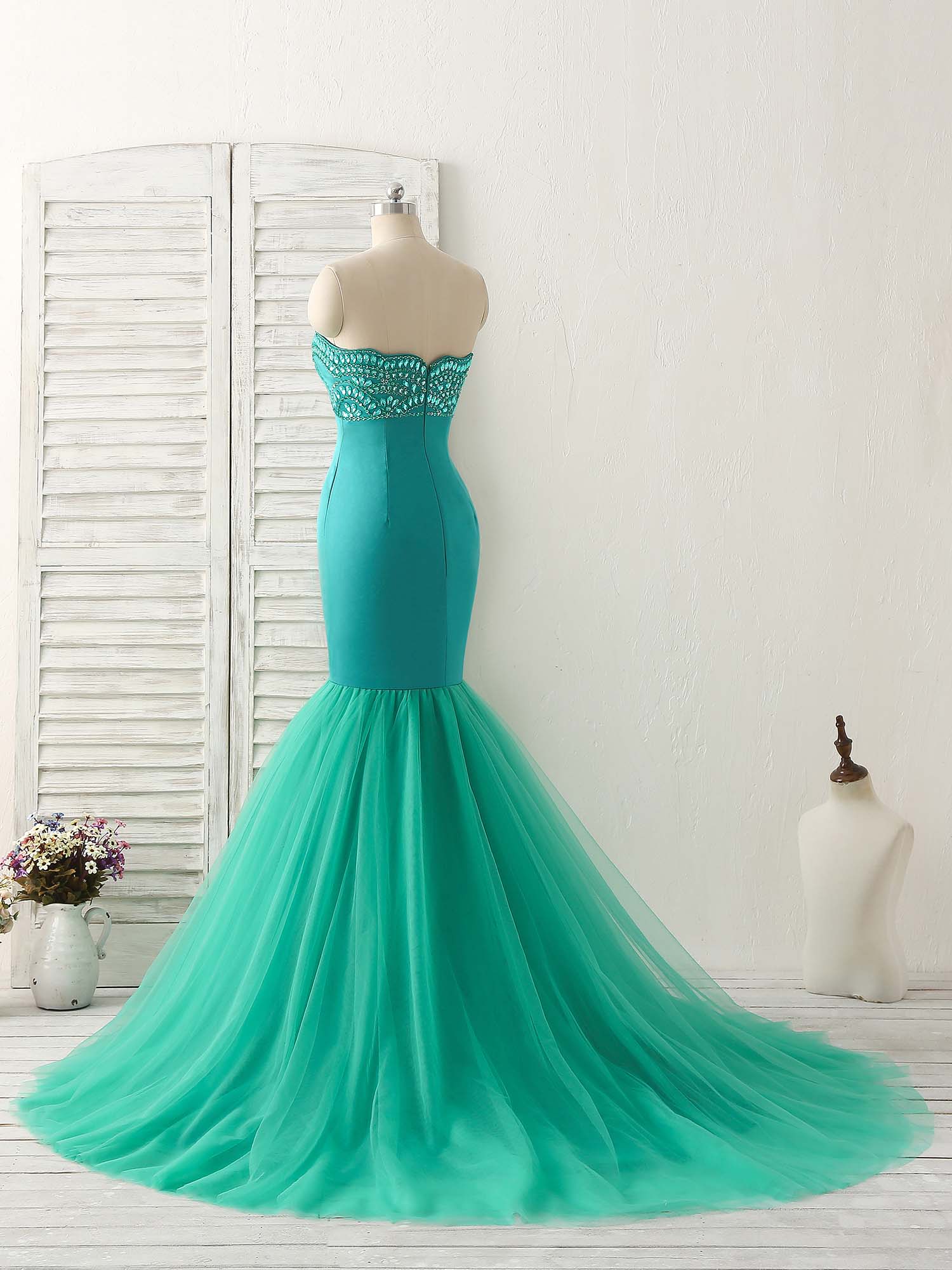 Green Tulle Mermaid Long Prom Dress Green Evening Dress - Deanwangkt