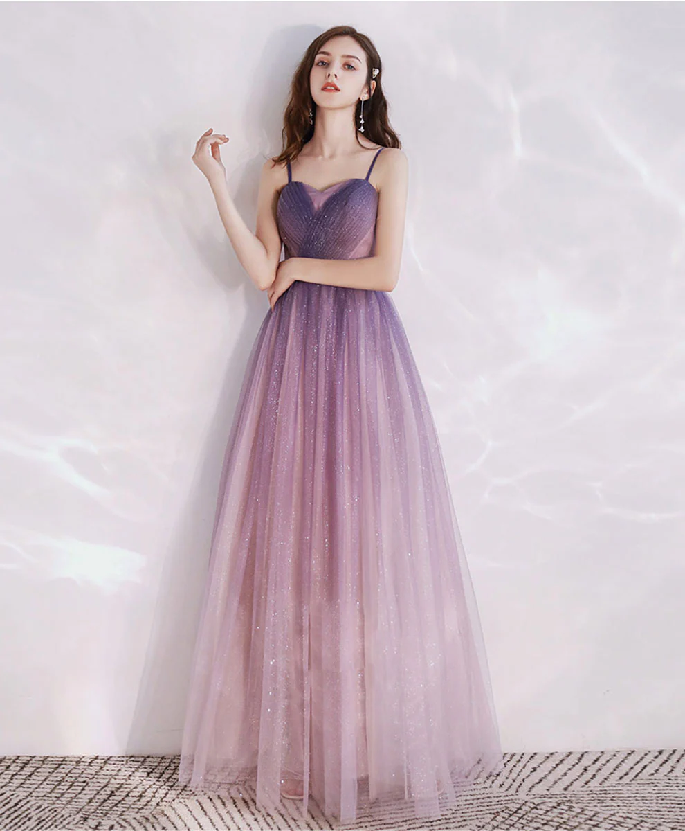 Purple Aline Tulle Long Prom Dress, Tulle Long Purple Evening Dress - Deanwangkt