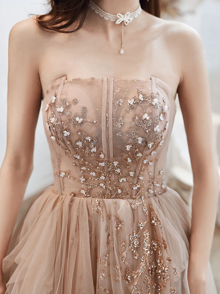 A-line Champagne Tulle Lace Long Prom Dress Lace Evening Dress - Deanwangkt
