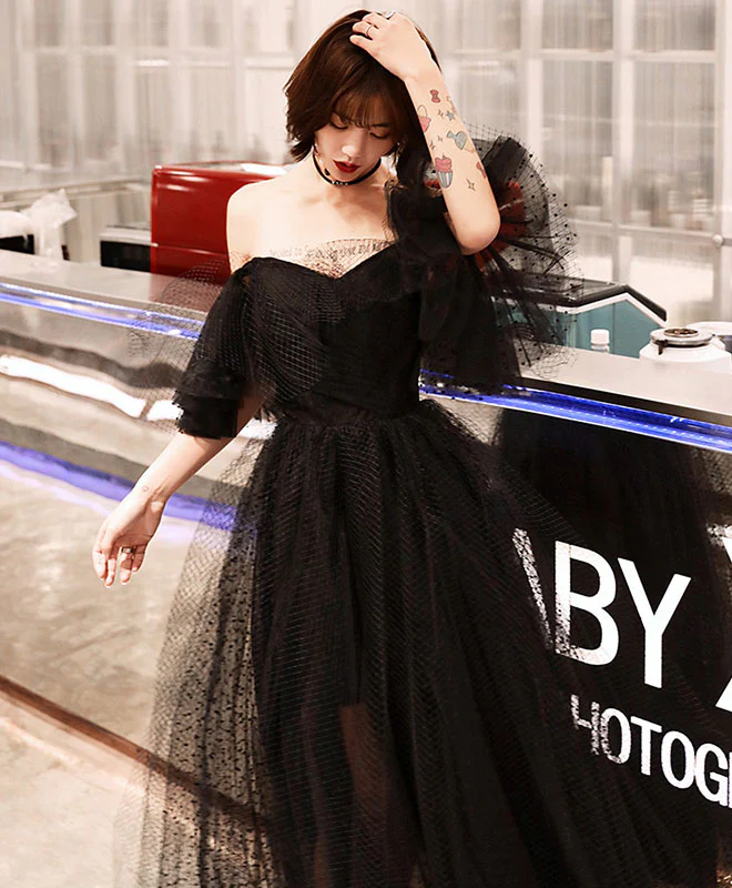 Black Tulle Tea Length Prom Dress, Black Evening Dress - Deanwangkt