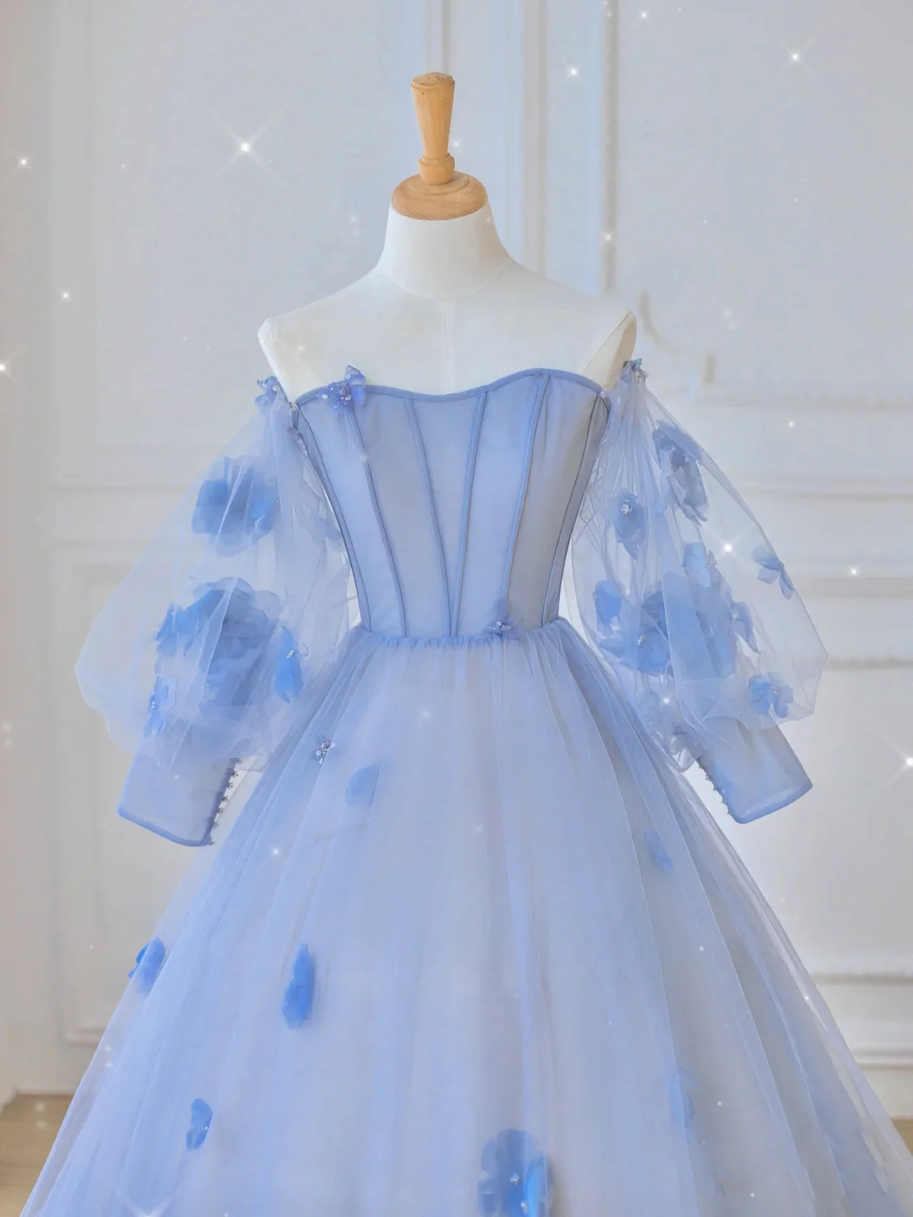 Blue Sweetheart Tulle 3D Flower Long Prom Dress, Blue Evening Dress - Deanwangkt
