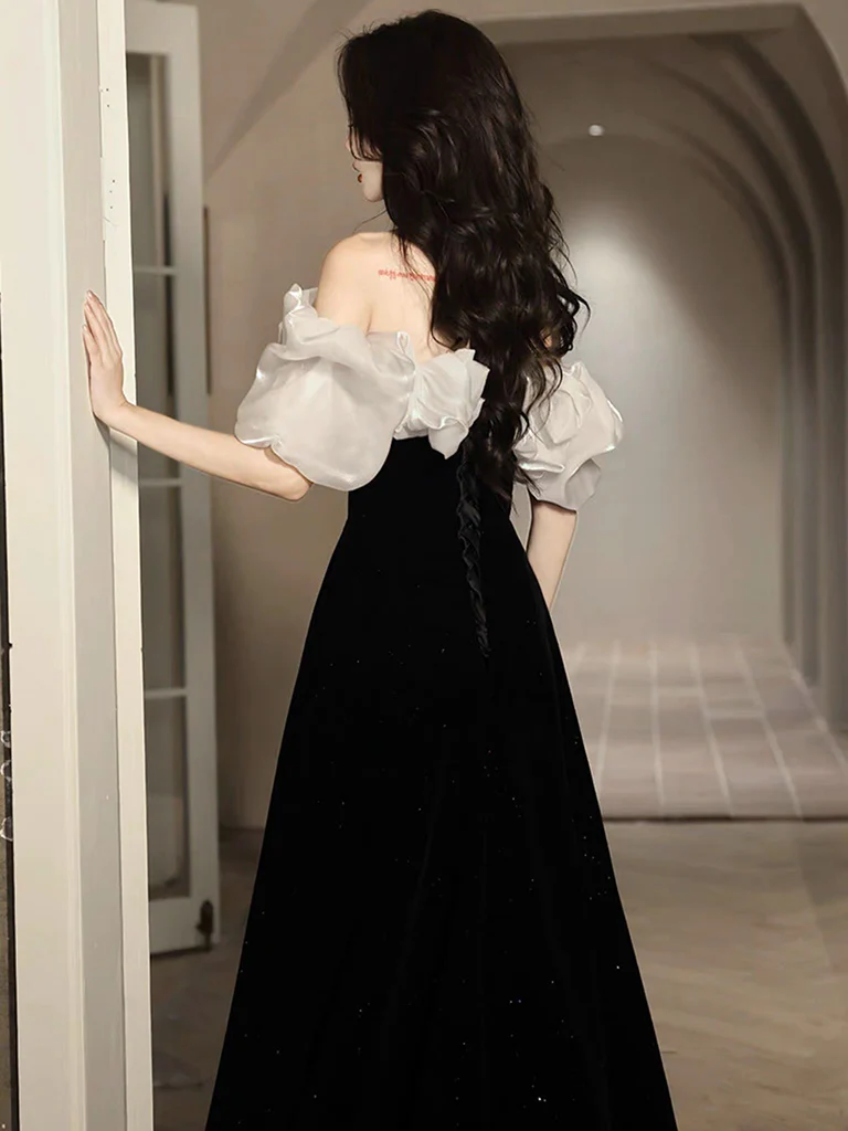 A-Line Off Shoulder Velvet Black Long Prom Dress, Black Long Evening Dress - Deanwangkt