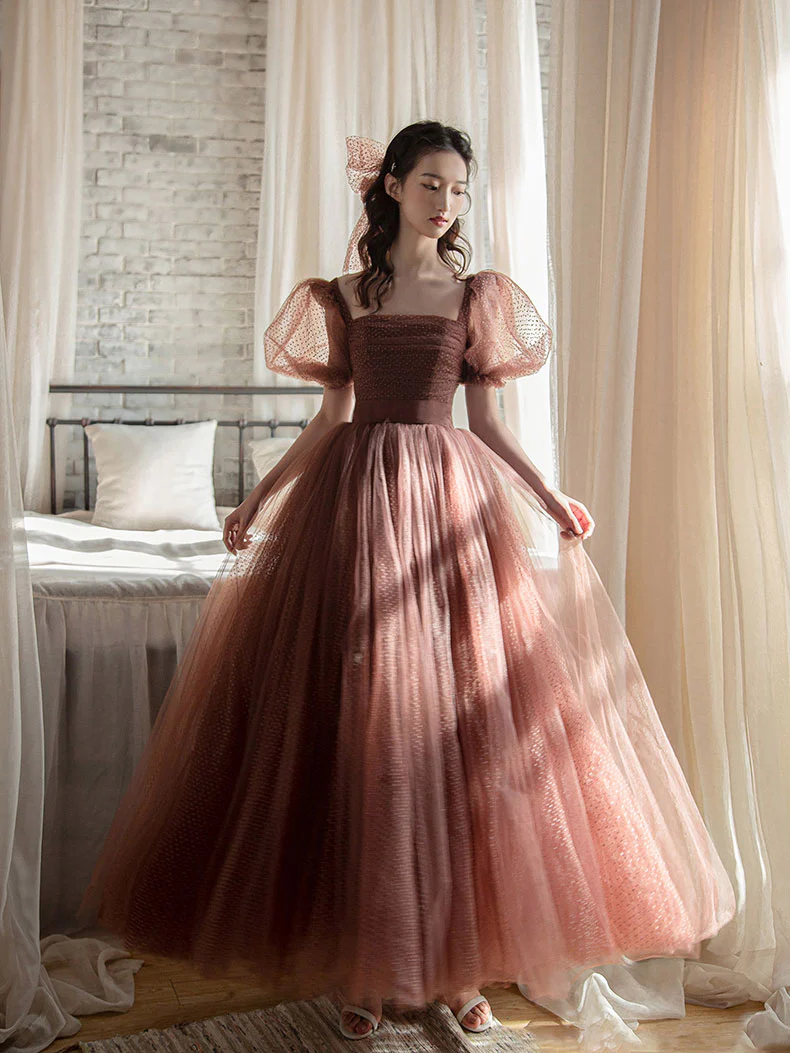 Elegant Retro Brown Tea Length Tulle Prom Dress, Puffy Homecoming Dress - Deanwangkt