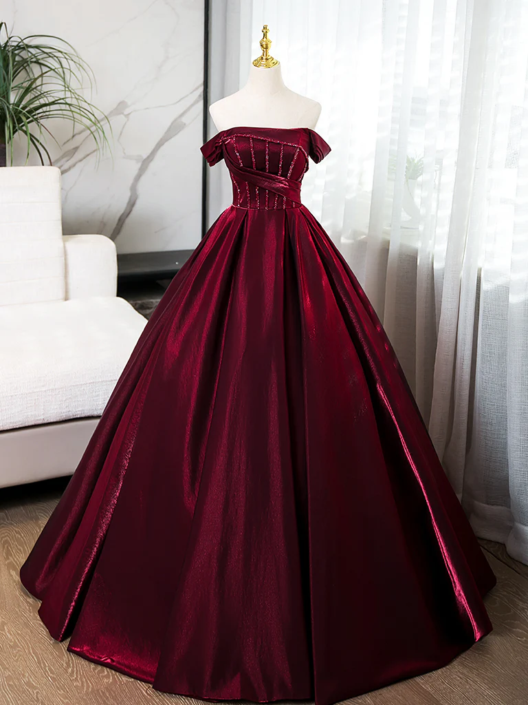 A-Line off Shoulder Satin Burgundy Long Prom Dress, Burgundy Evening Dress with Beads - Deanwangkt