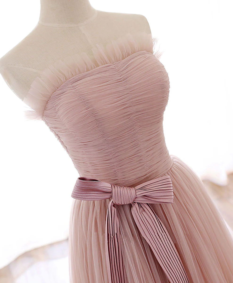 Simple Pink Tulle Long Prom Dress, Aline Pink Tulle Formal Party Dresses - Deanwangkt