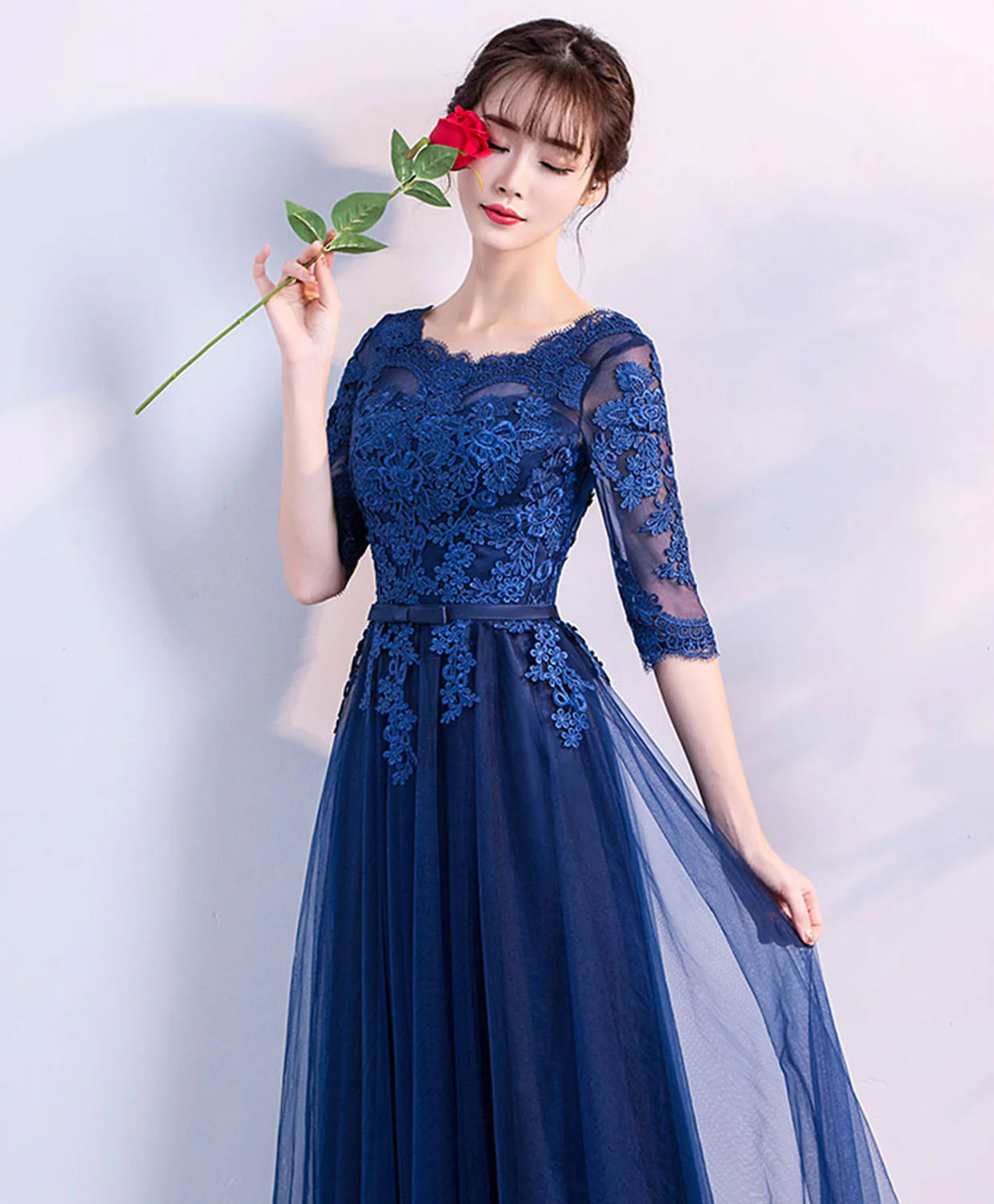Blue Tulle Lace Long Prom Dress, Lace Evening Dress - Deanwangkt