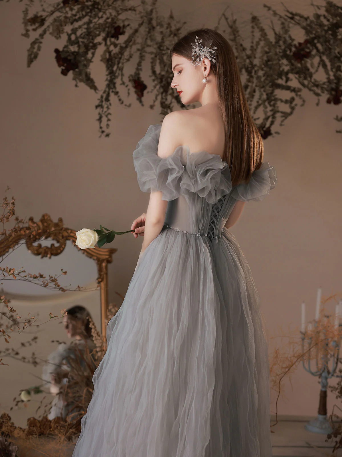 Gray Tulle Off Shoulder Long Prom Dress, Gray Tulle Formal Dress - Deanwangkt