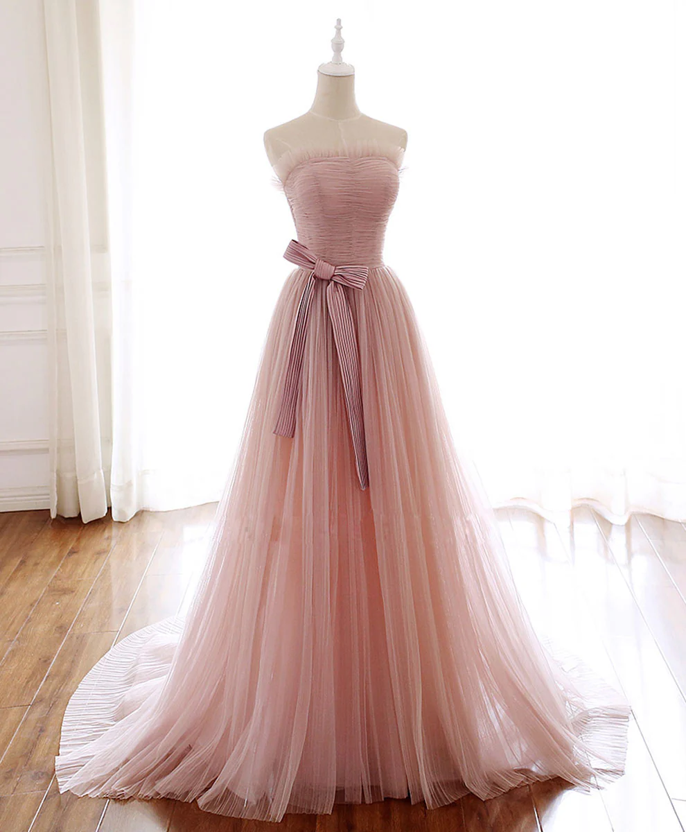 Simple Pink Tulle Long Prom Dress, Aline Pink Tulle Formal Party Dresses - Deanwangkt