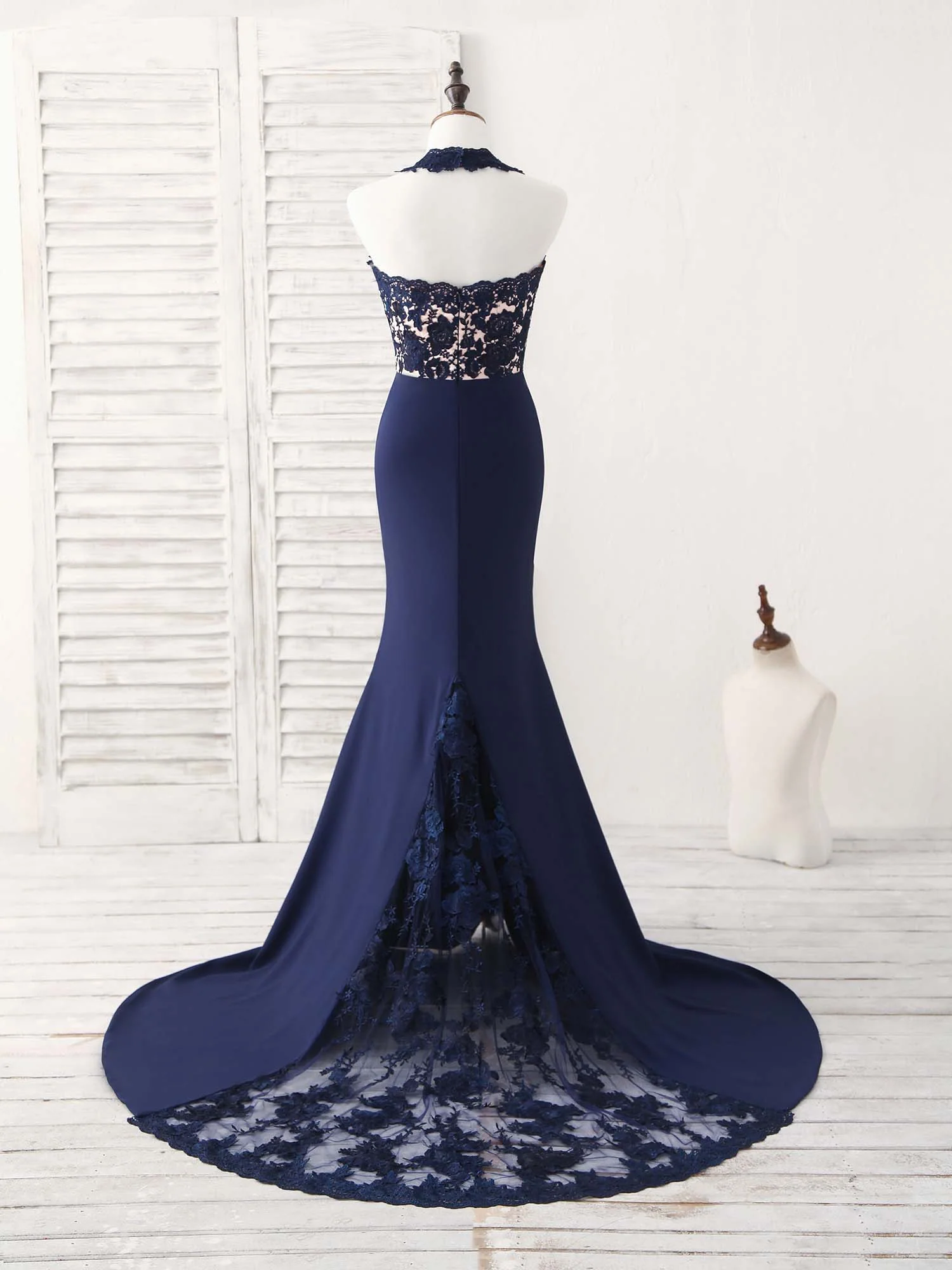 Dark Blue Lace Mermaid Long Prom Dress Mermaid Bridesmaid Dress - Deanwangkt