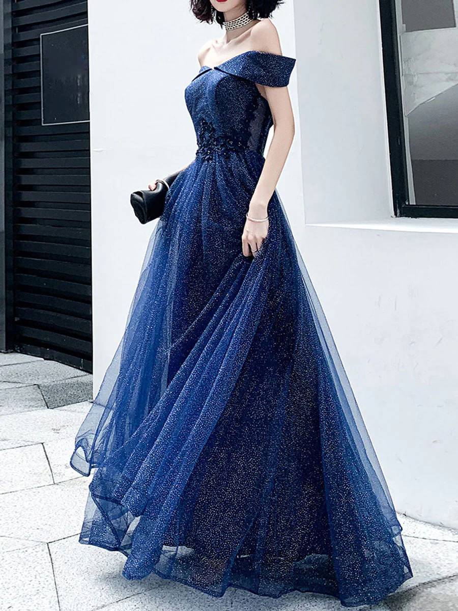 Dark Blue Tulle Long Prom Dress, A-Line Tulle Off Shoulder Blue Wedding Party Dresses - Deanwangkt