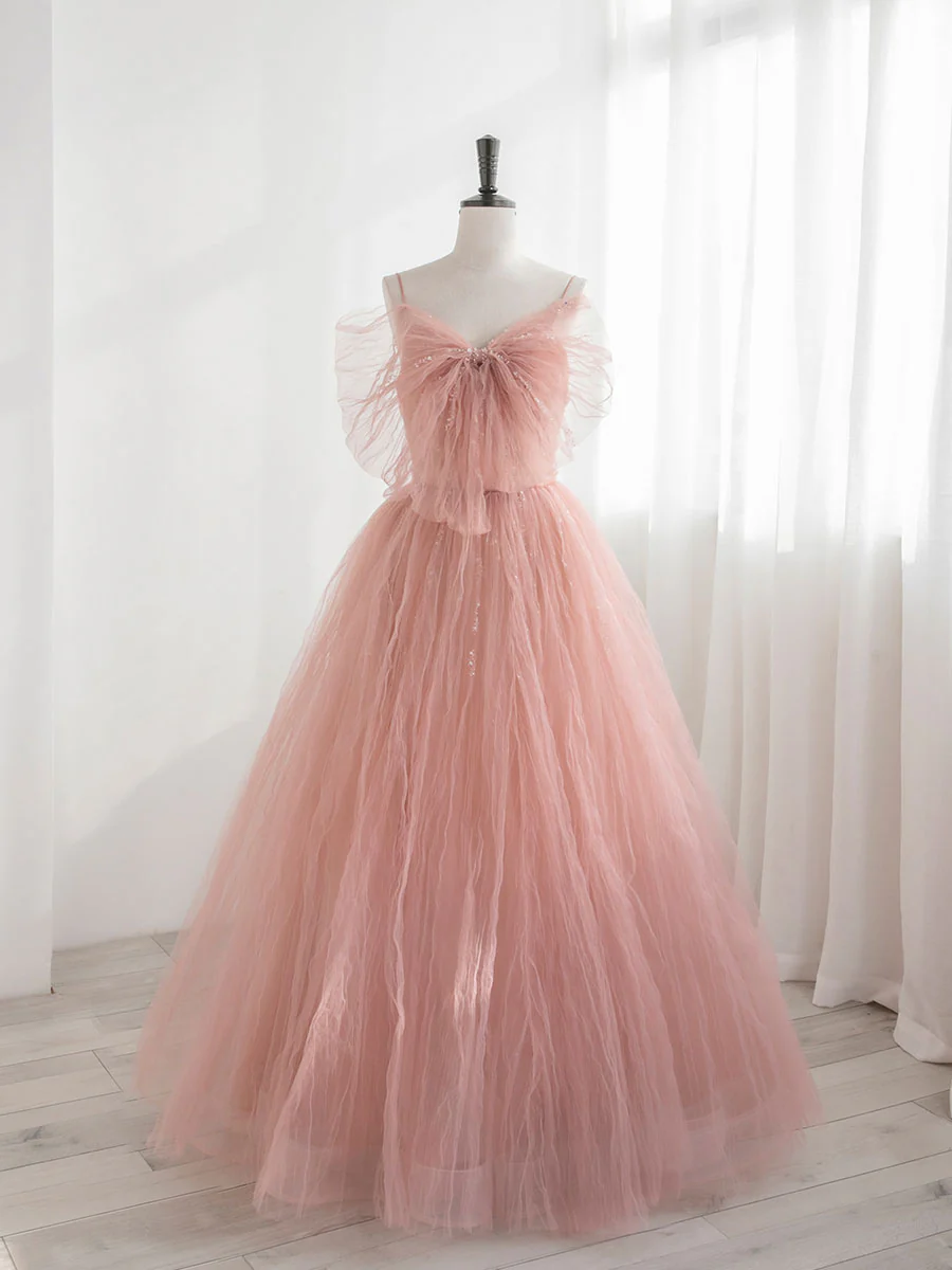 A-Line Pink Tulle Sequin Long Prom Dresses, Pink Formal Evening Dresses - Deanwangkt