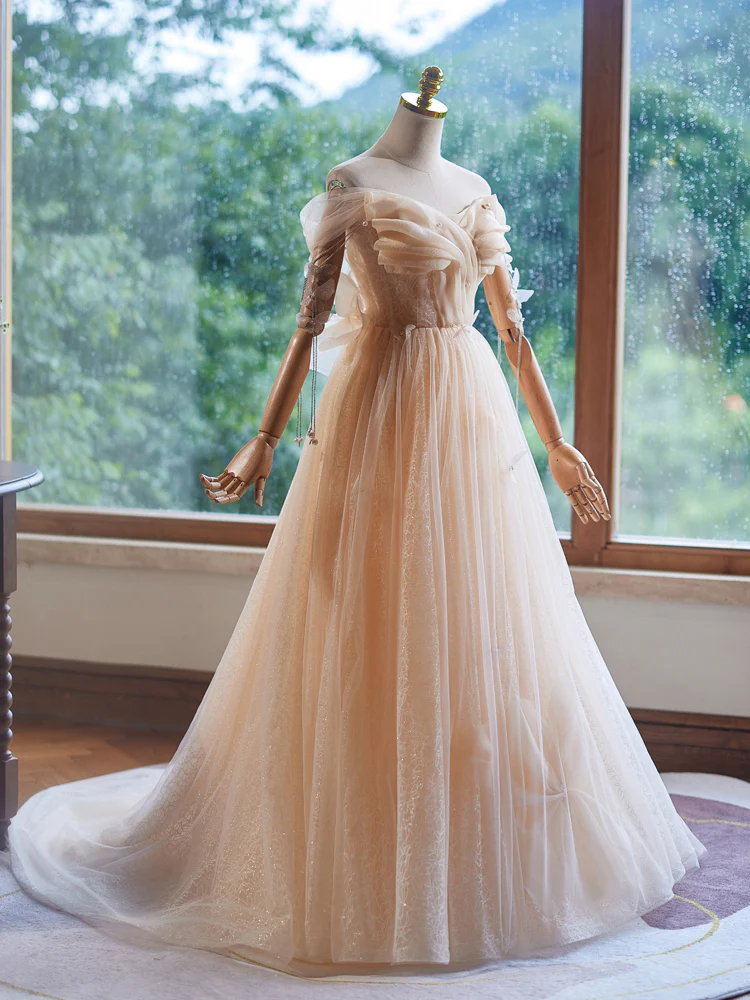 A-Line Off Shoulder Tulle Beads Champagne Long Prom Dress - Deanwangkt