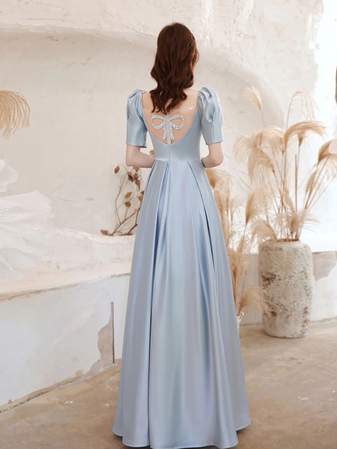 A-Line Square Neckline Satin Blue Long Prom Dress, Blue Evening Dresses - Deanwangkt