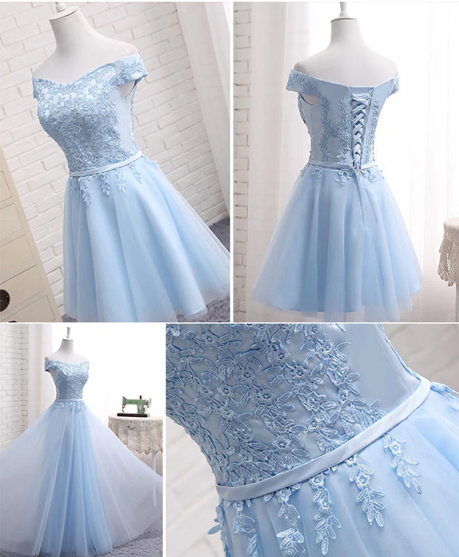 Sky Blue A Line Lace Off Shoulder Prom Dress, Lace Bridesmaid Dresses - Deanwangkt