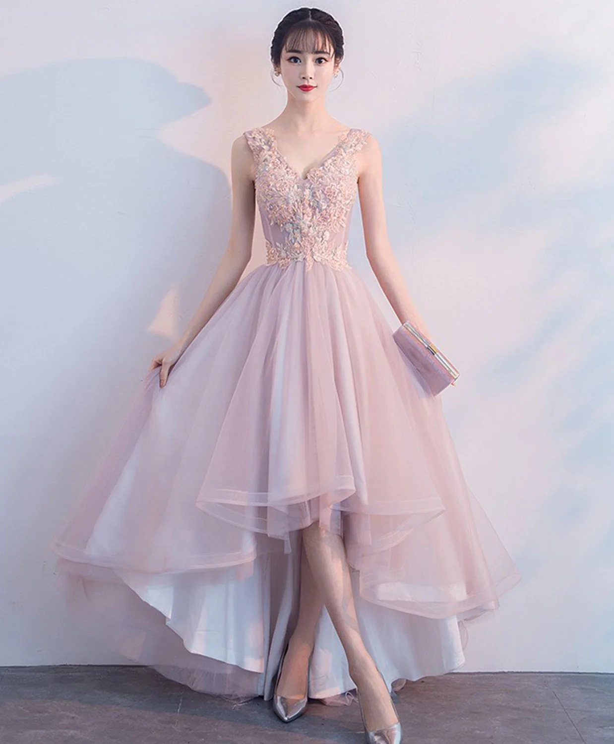 Cute V Neck Light Pink Tulle Lace Prom Dress, Tulle Evening Dress - Deanwangkt