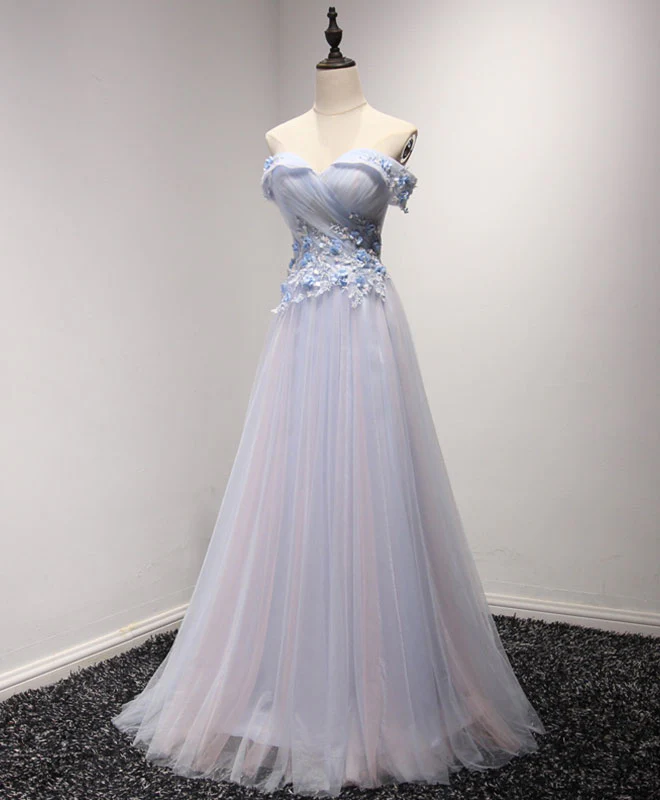 Light Blue Tulle Lace Long Prom Dress, Lace Evening Dress - Deanwangkt