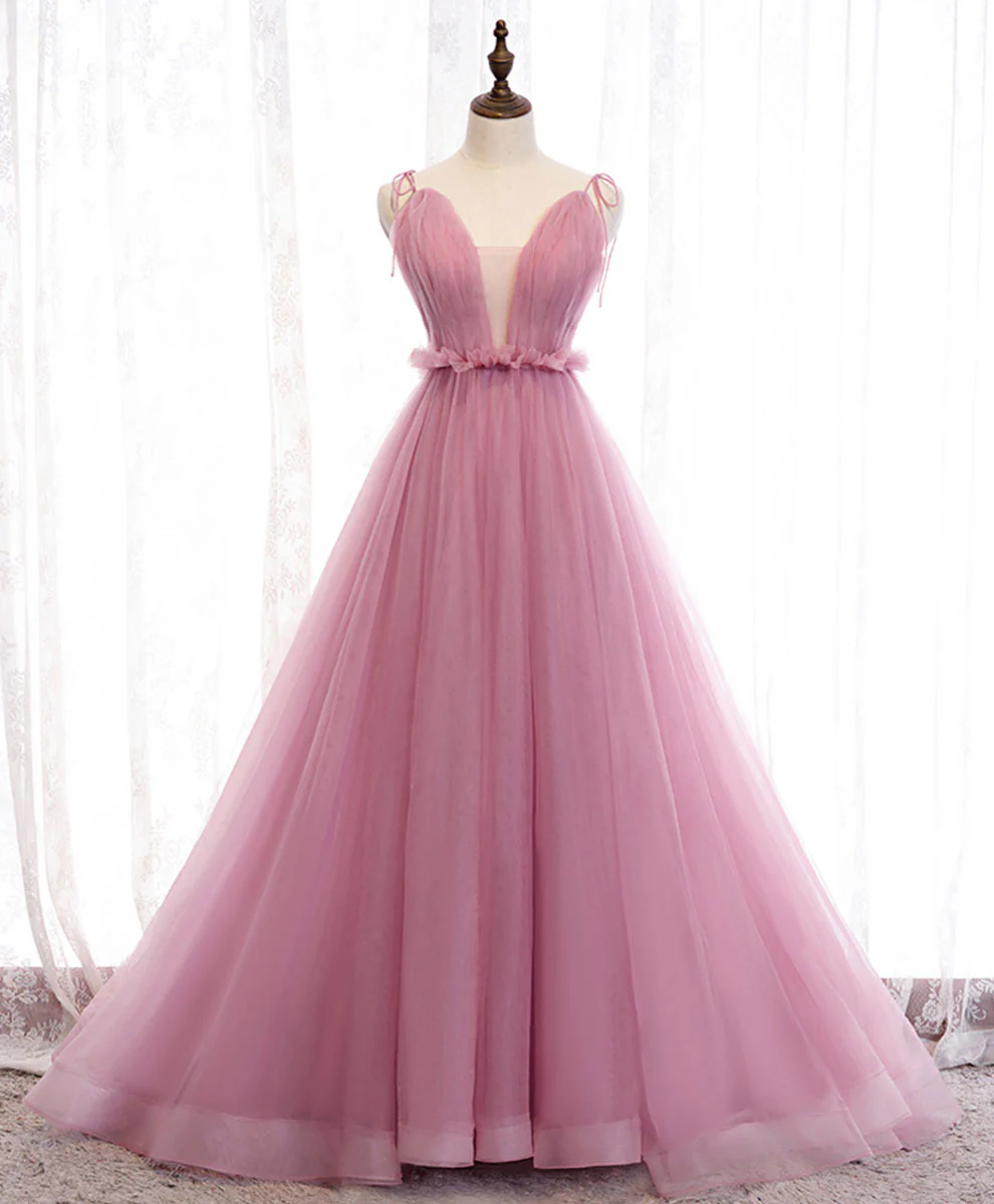 Pink V Neck Long Prom Dress, Aline Pink Formal Evening Dresses - Deanwangkt