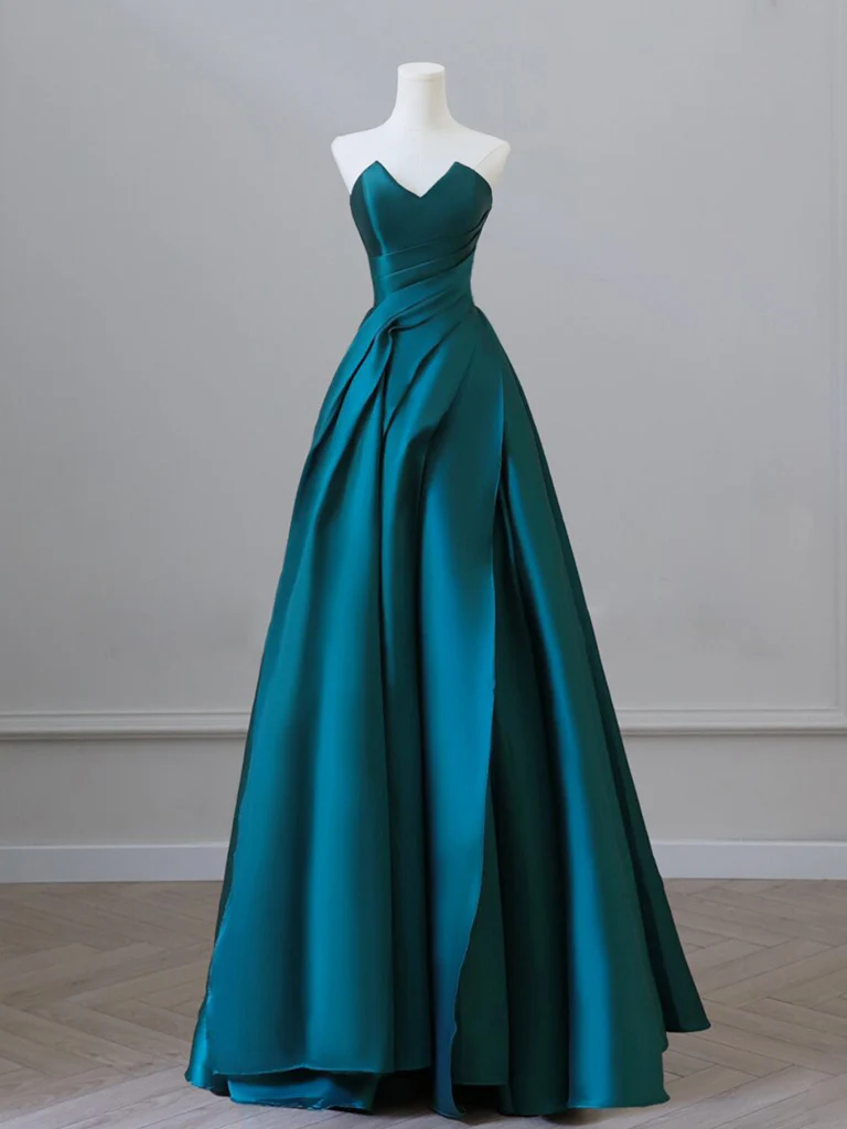 A-Line Strapless Satin Peacock Blue Long Prom Dress, Simple Peacock Blue Evening Dress - Deanwangkt