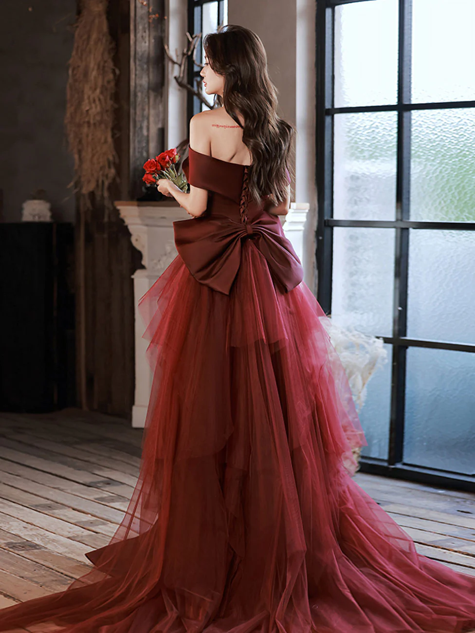 Burgundy Mermaid Sweep Train Long Prom Dress, Off Shoulder Satin Burgundy Evening Dress - Deanwangkt