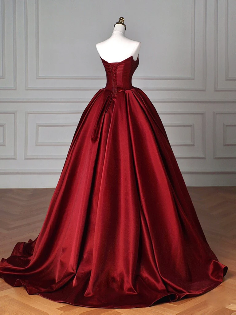 Simple A-Line Satin Burgundy Long Prom Dress, Burgundy Long Formal Dress - Deanwangkt