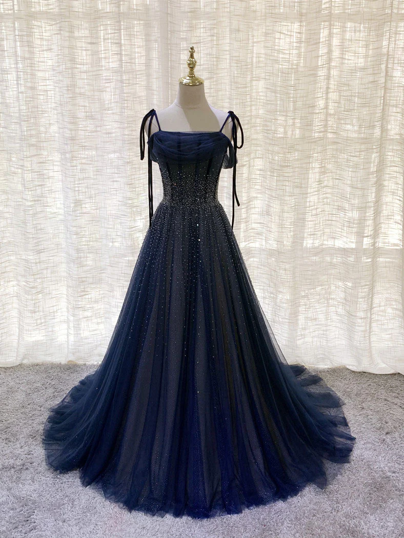 Dark Blue Tulle Sequin Long Prom Dress, Blue Tulle Formal Dress - Deanwangkt