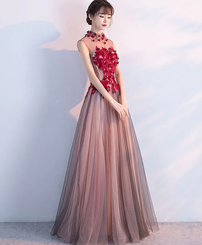 Burgundy Tulle Lace Long Prom Dress, Burgundy Evening Dress - Deanwangkt