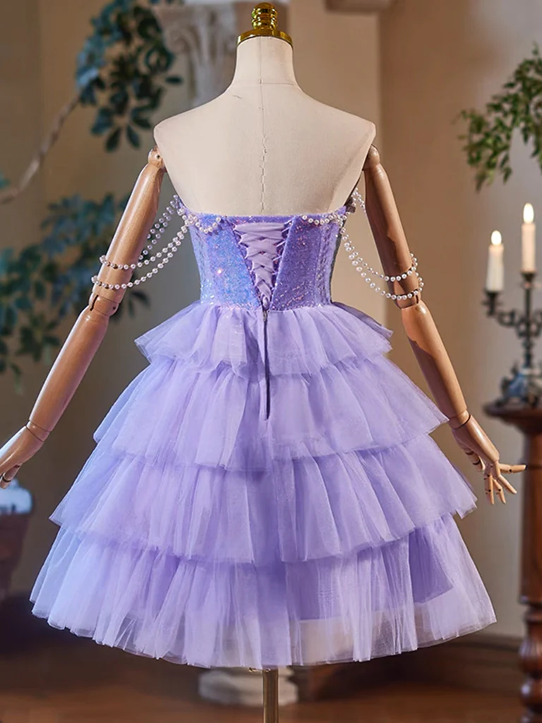 A-Line Tulle Sequin Purple Short Prom Dress, Purple Homecoming Dress - Deanwangkt