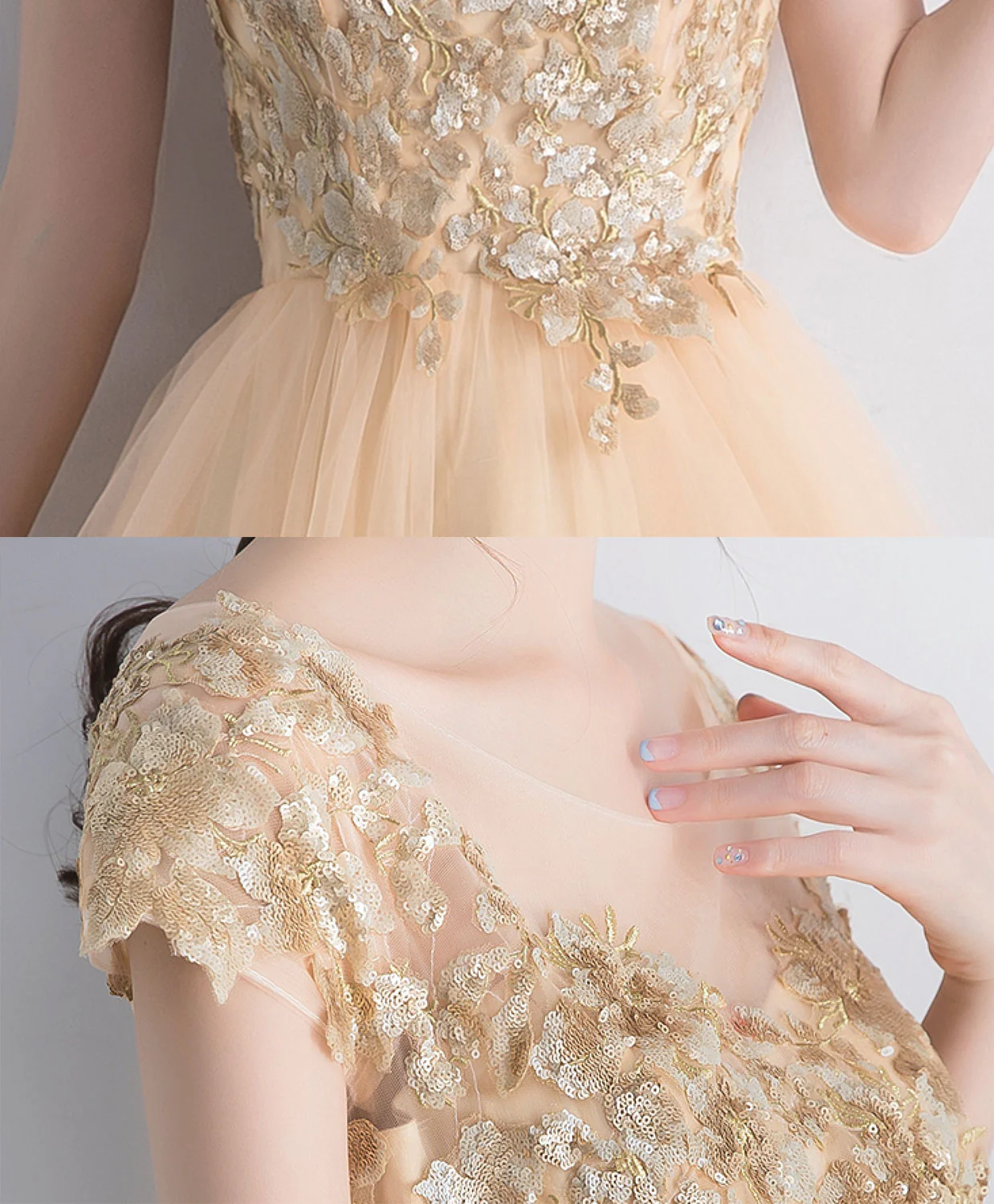 Champagne Lace Short Prom Dress, Champagne Cute Homecoming Dress - Deanwangkt
