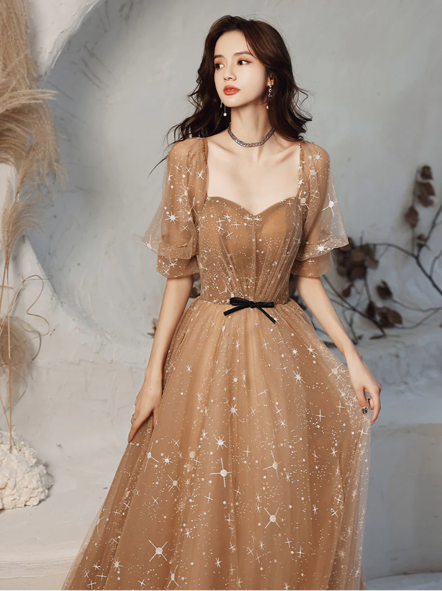 Champagne Sweetheart Tulle Lace Long Prom Dress Lace Evening Dress - Deanwangkt