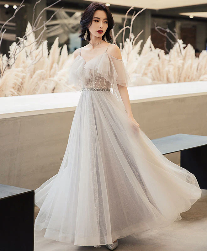 Elegant Off Shoulder Tulle Long Prom Dress, Tulle Evening Dress - Deanwangkt