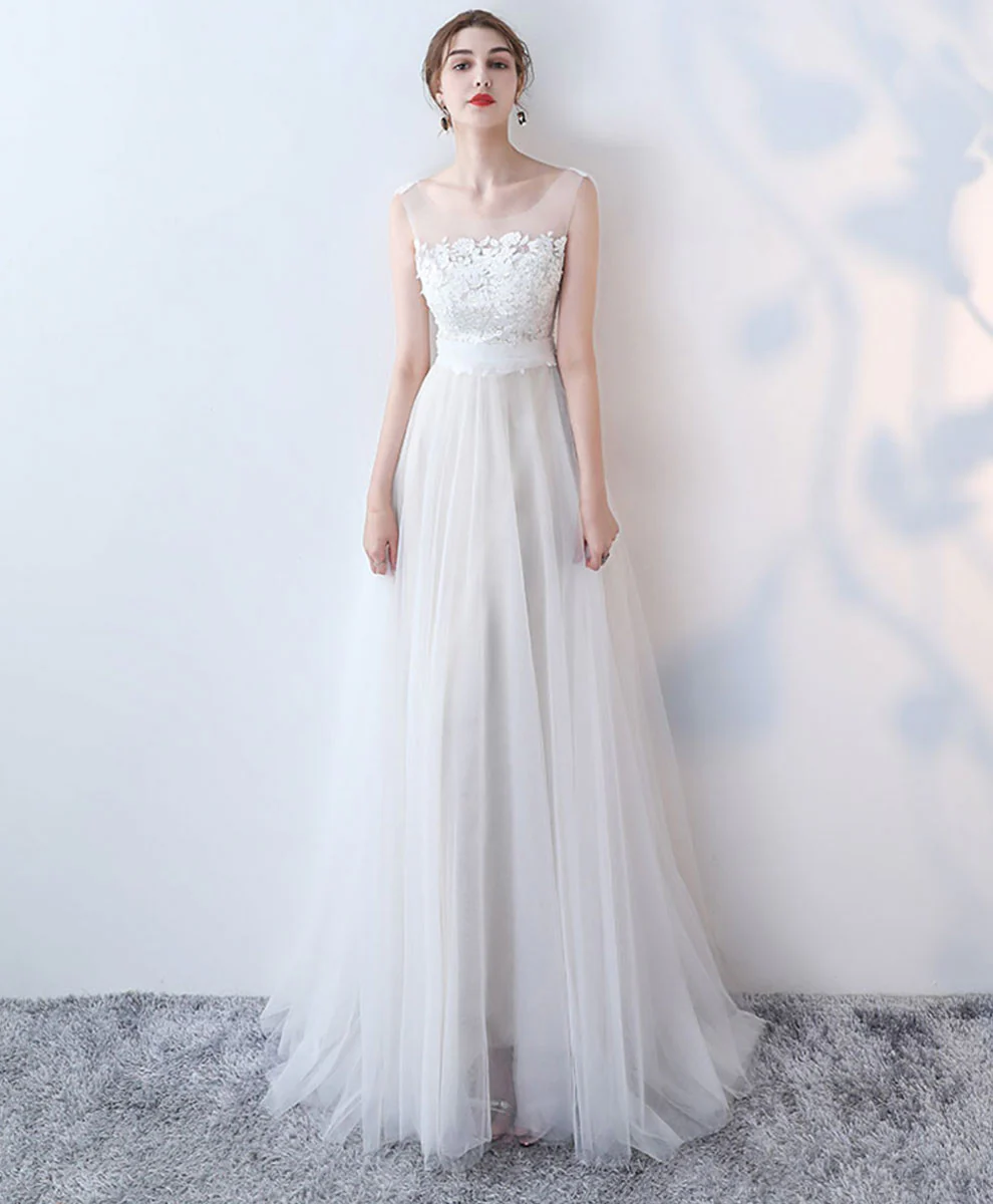 White Round Neck Tulle Lace Long Prom Dress White Formal Dress - Deanwangkt