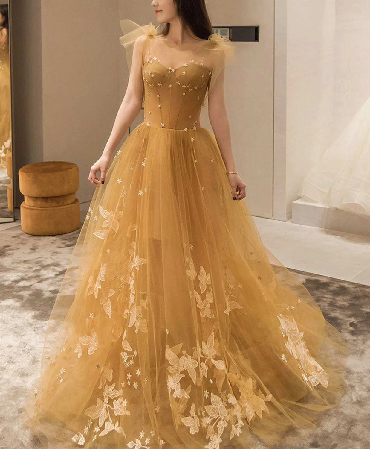 Champagne Tulle Lace Long Prom Dress, Tulle Lace Evening Dress - Deanwangkt