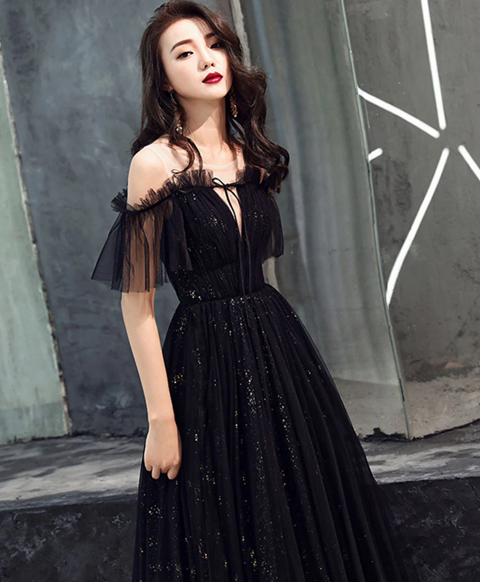 Black Tulle Off Shoulder Long Prom Dress Black Formal Dress - Deanwangkt