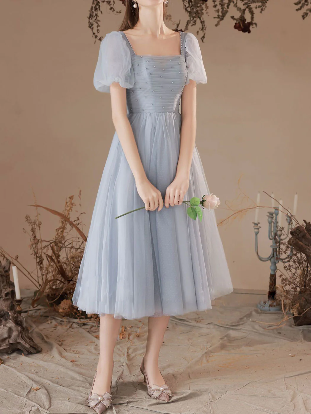 A Line Square Neckline Gray Short Prom Dress, Gray Homecoming Dresses - Deanwangkt