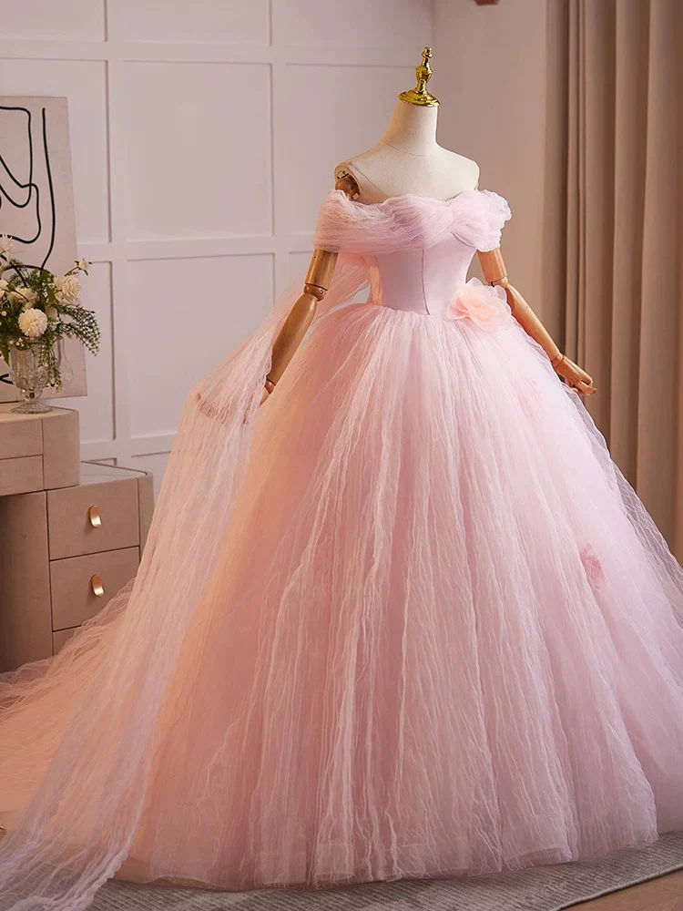 A-Line Off Shoulder Tulle Pink Long Prom Dress, Pink Tulle Long Sweet 16 Dress - Deanwangkt