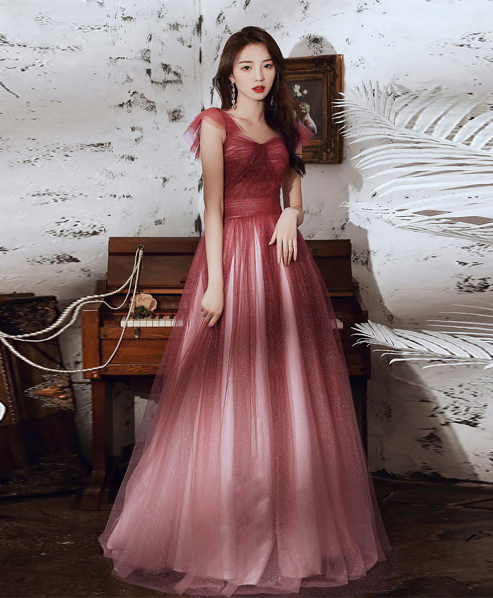 Simple Sweetheart Tulle Sequin Long Prom Dress, Aline Burgundy Formal Dress - Deanwangkt