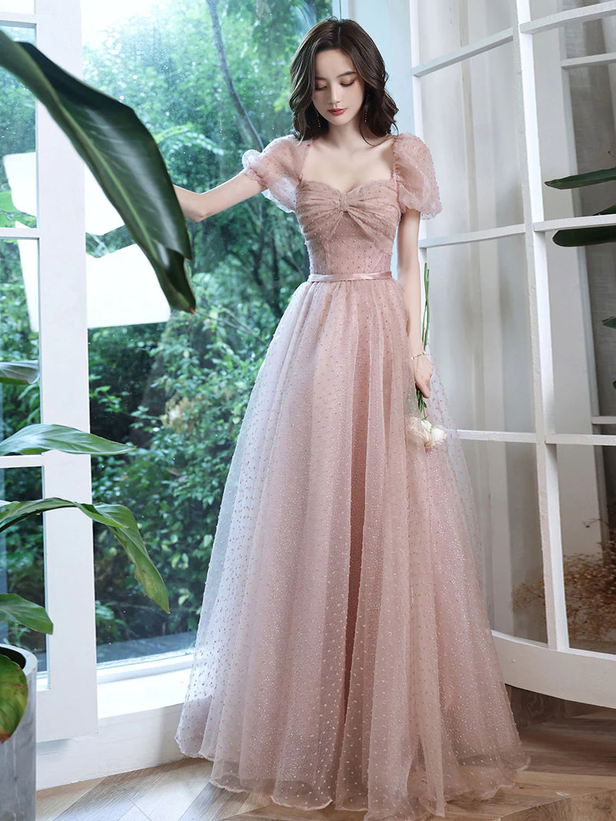 Pink A line Tulle Long Prom Dress. Pink Lace Bridesmaid Dress - Deanwangkt
