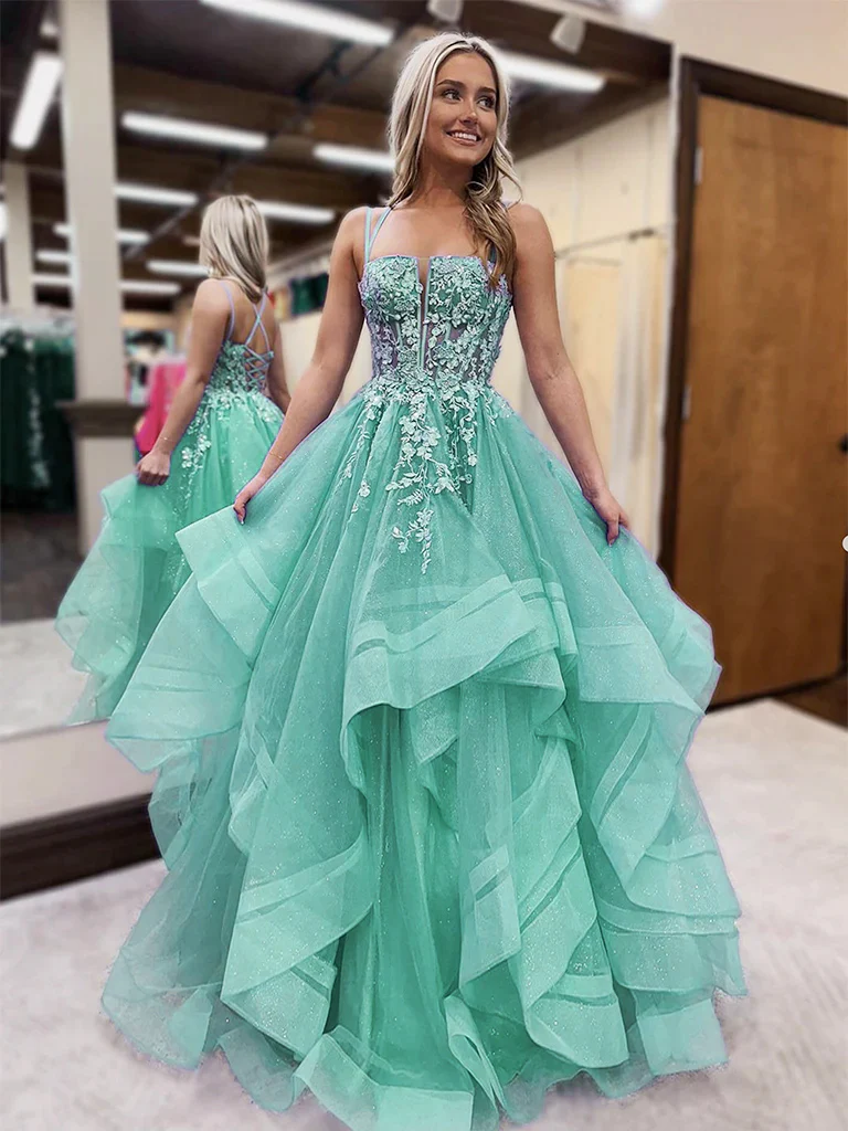 Purple A-Line Tulle Lace Long Prom Dress, Purple Long Graduation Dress - Deanwangkt